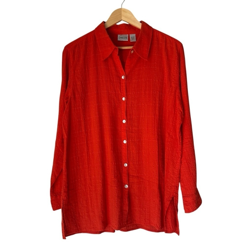 Chico's Sunset Orange Long Sleeve Button Front Cotton Gauze Blouse, Size 2